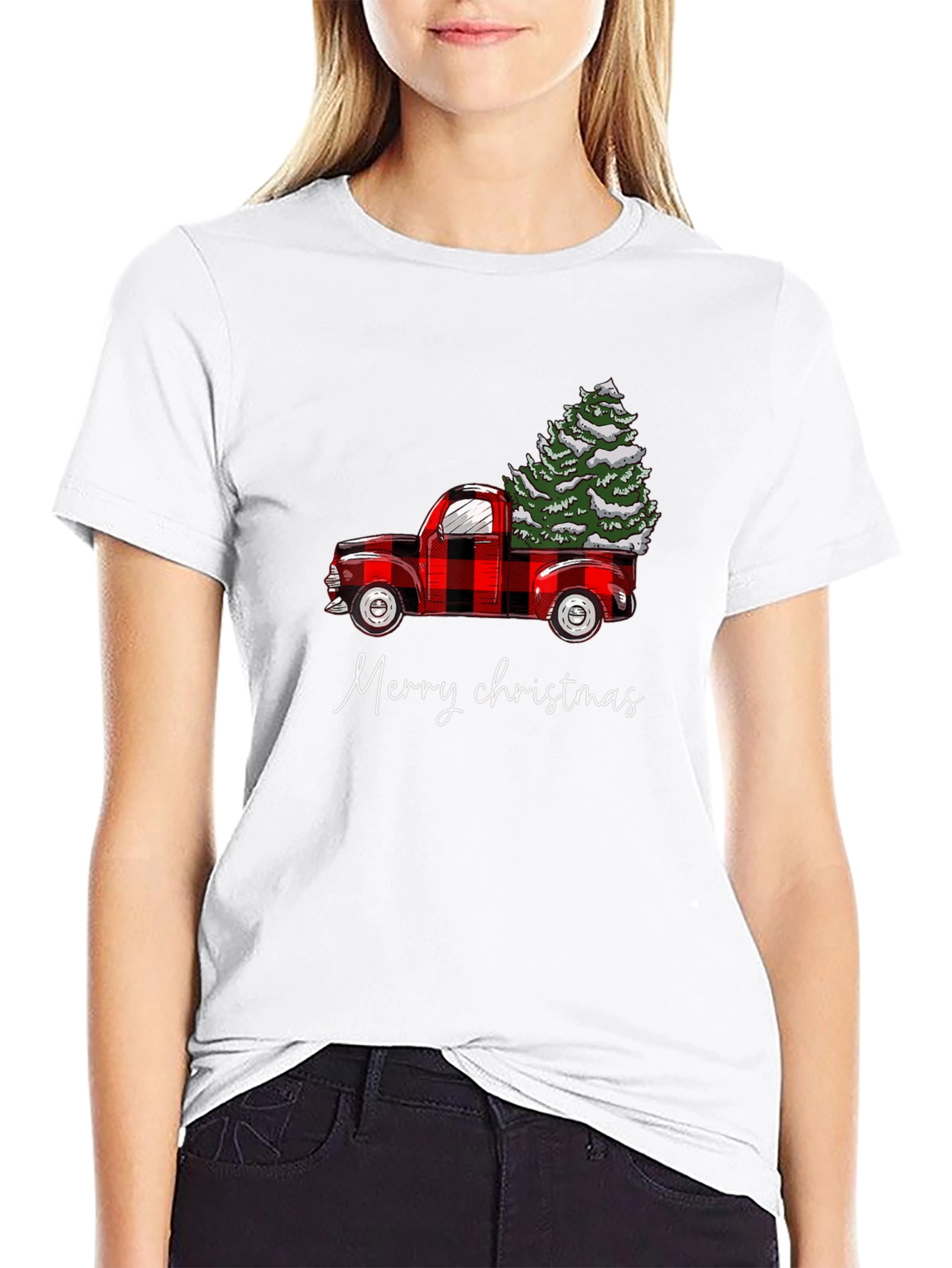 Merry Christmas Red Truck Tree Graphic Tee
