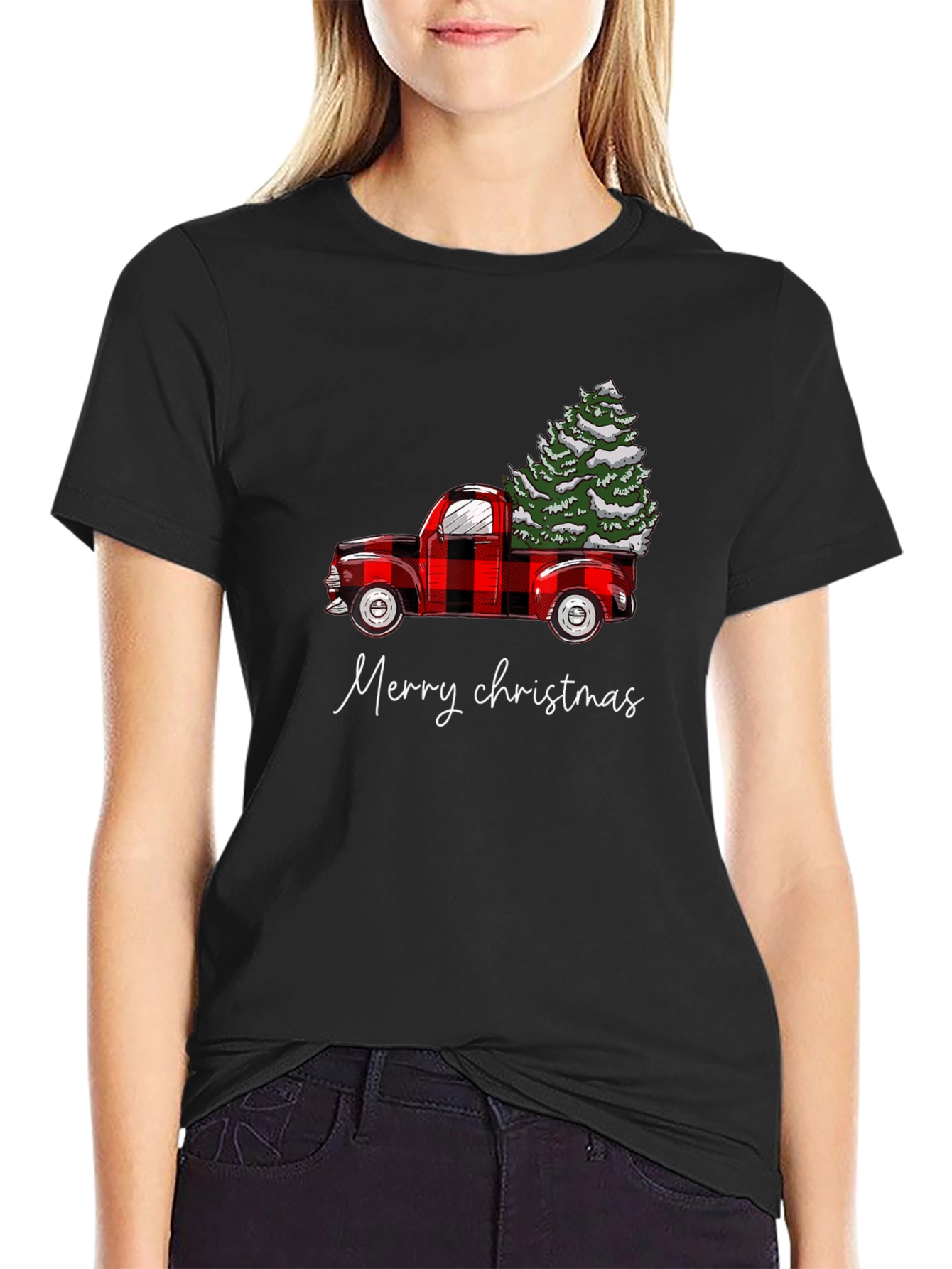 Merry Christmas Red Truck Tree Graphic Tee