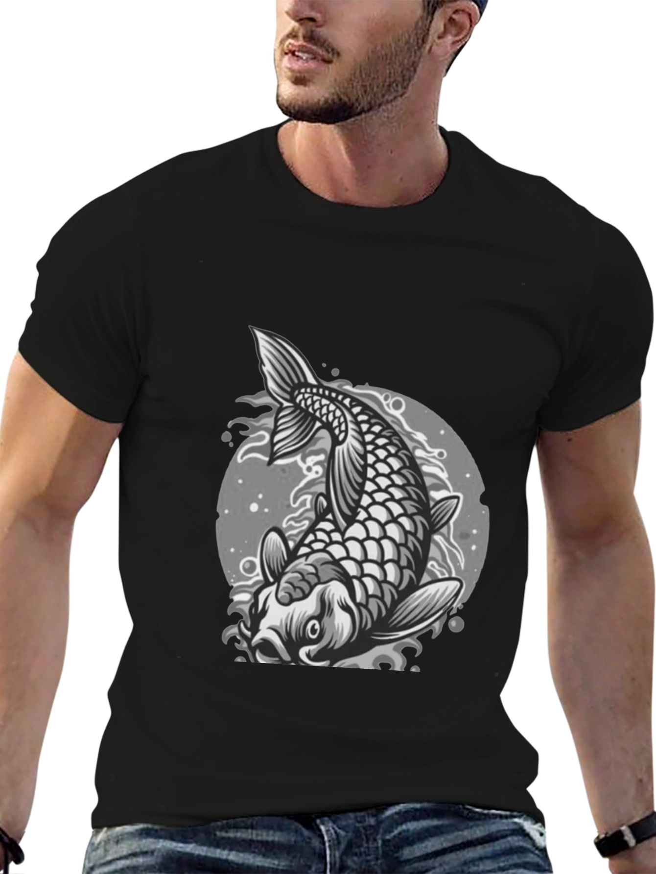 Koi Fish Graphic Tee - Black Crew Neck T-Shirt