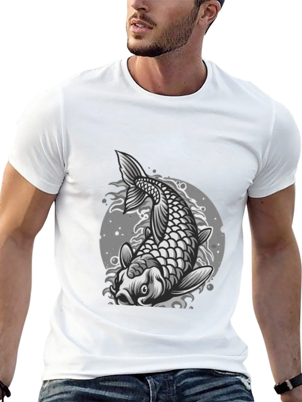 Koi Fish Graphic Tee - Black Crew Neck T-Shirt
