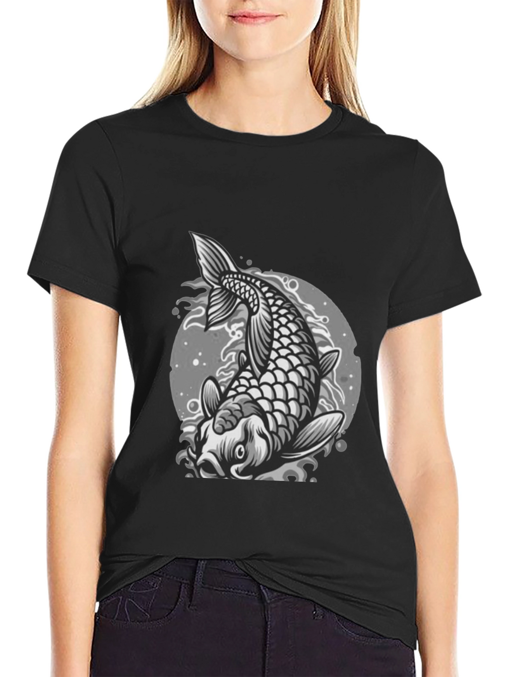 Koi Fish Graphic Tee - Black Crew Neck T-Shirt