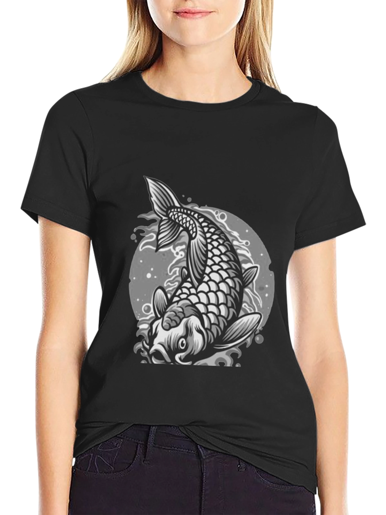 Koi Fish Graphic Tee - Black Crew Neck T-Shirt