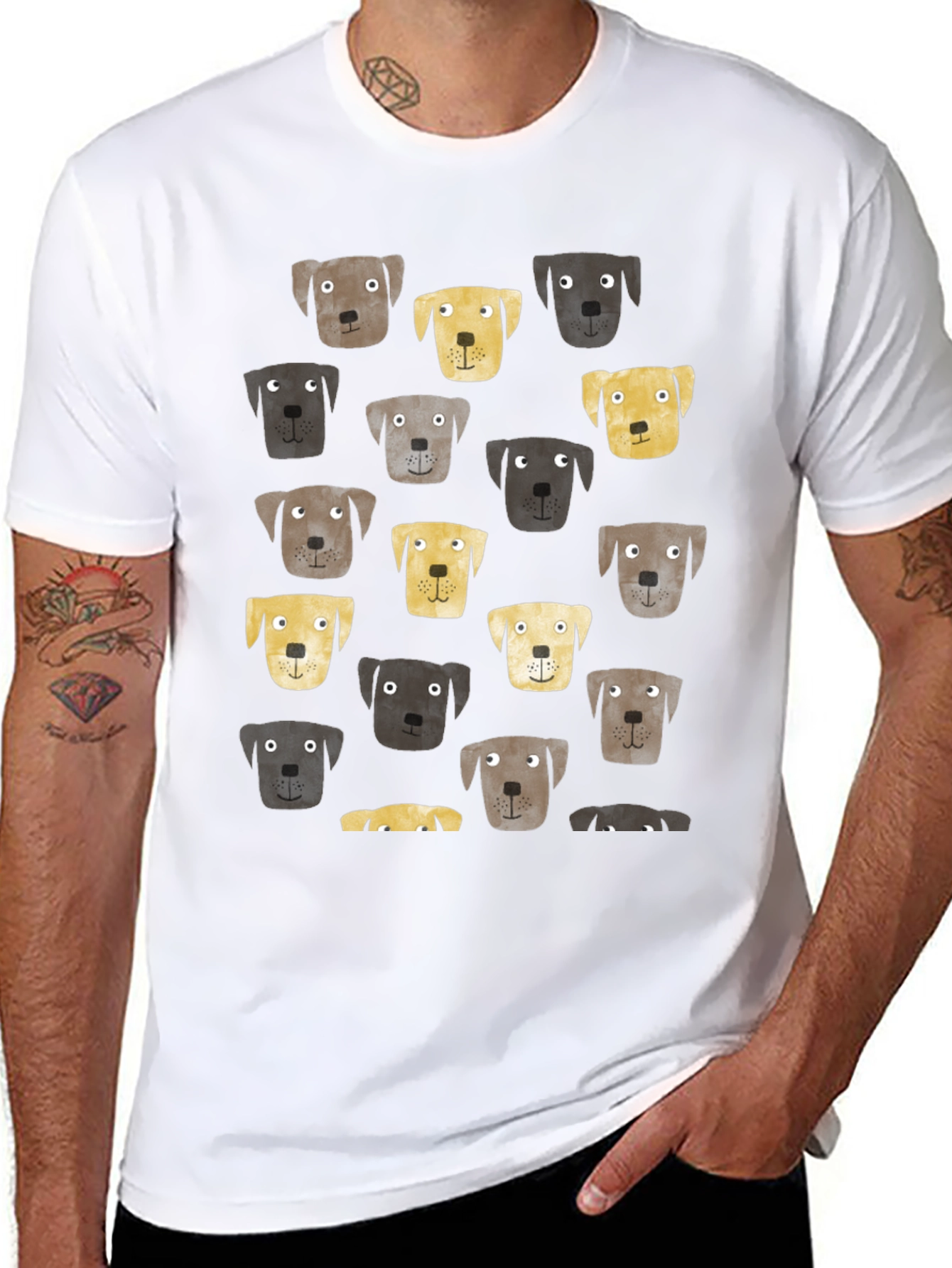 Dog Face Pattern Black T-Shirt