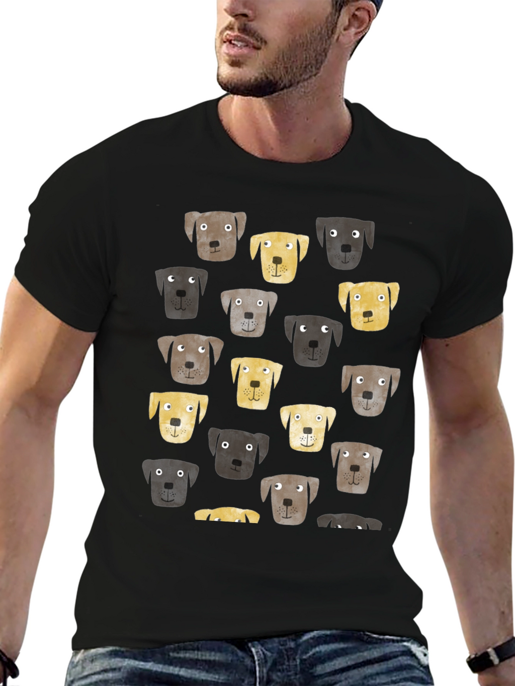 Dog Face Pattern Black T-Shirt