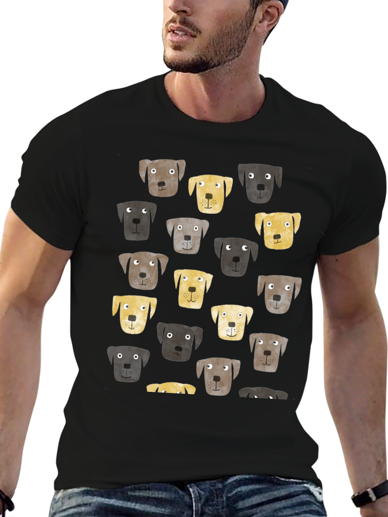 Dog Face Pattern Black T-Shirt