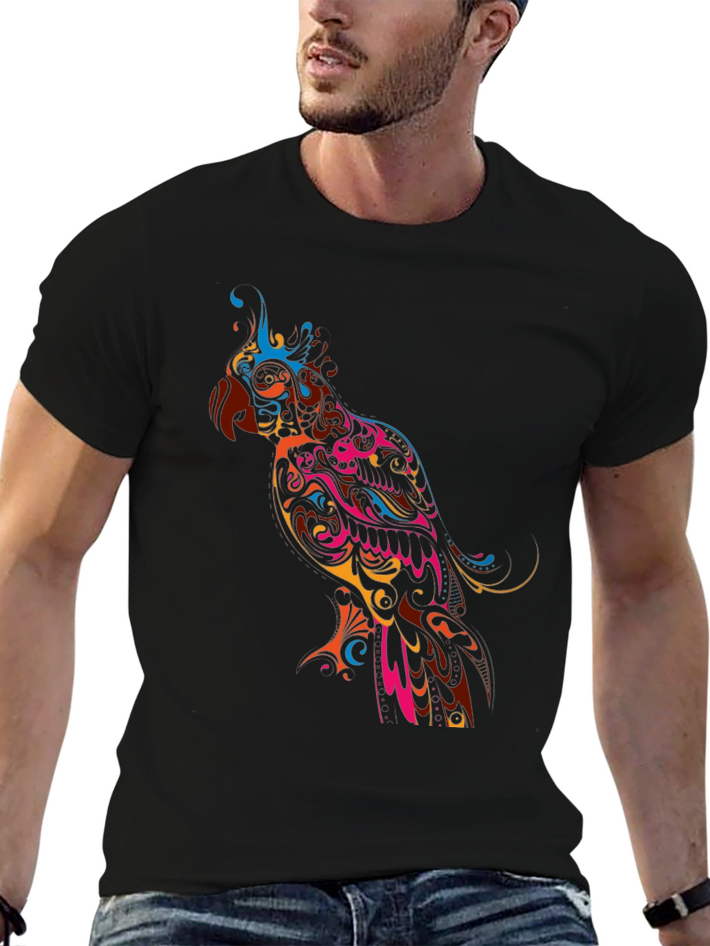 Vibrant Parrot Graphic Black T-Shirt