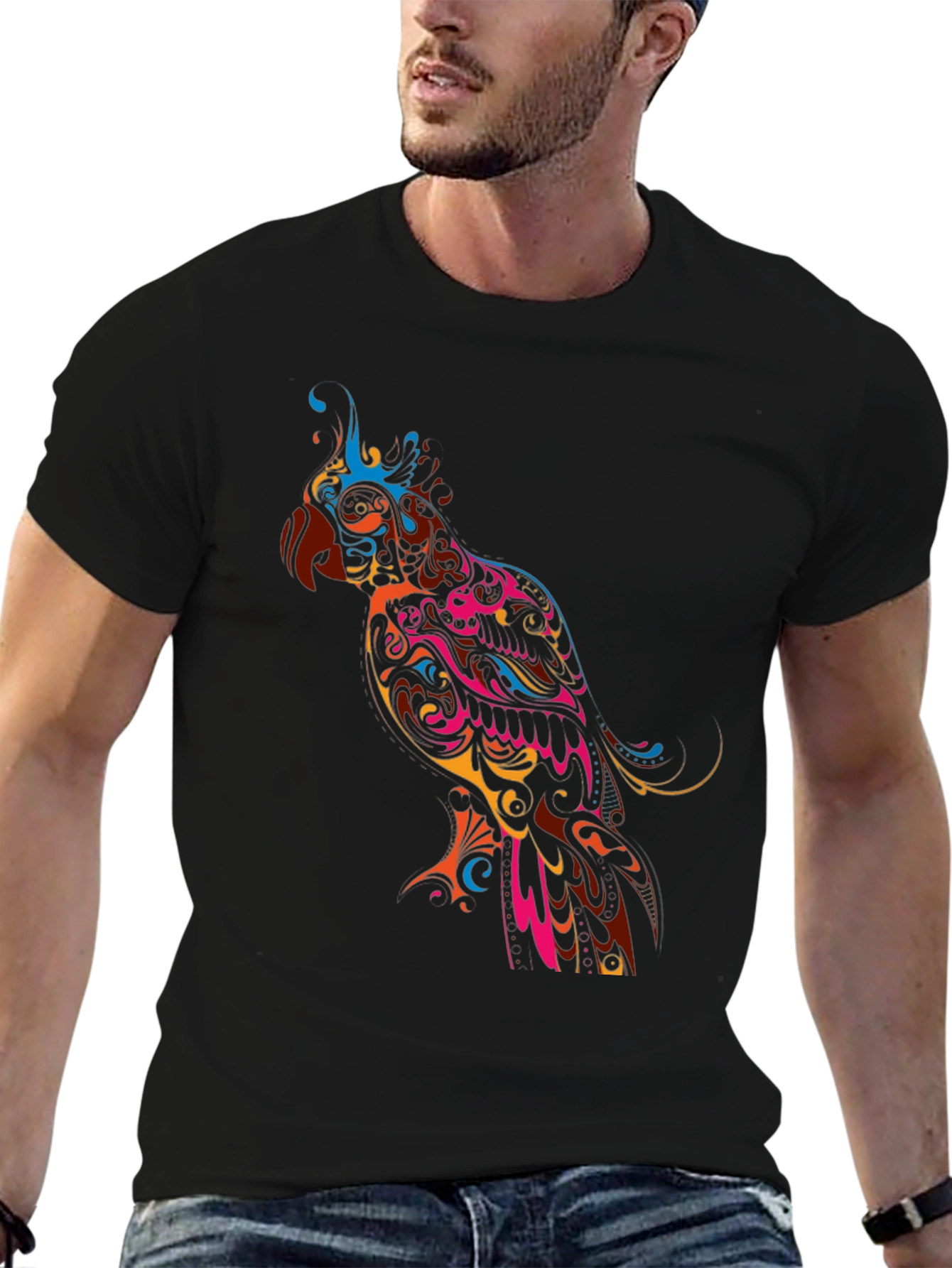 Vibrant Parrot Graphic Black T-Shirt