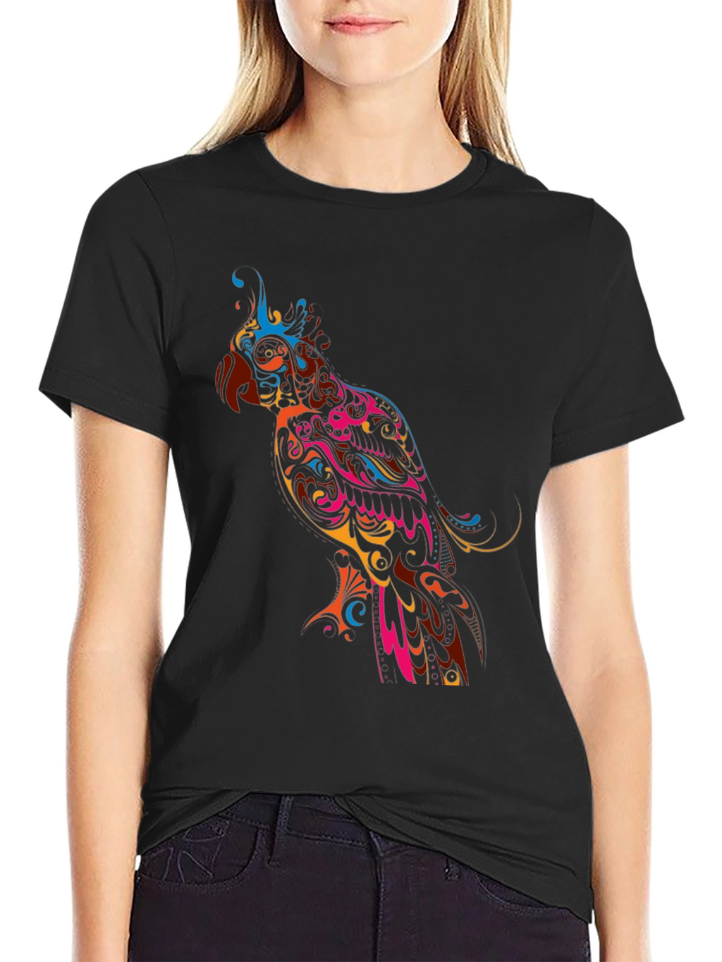 Vibrant Parrot Graphic Black T-Shirt