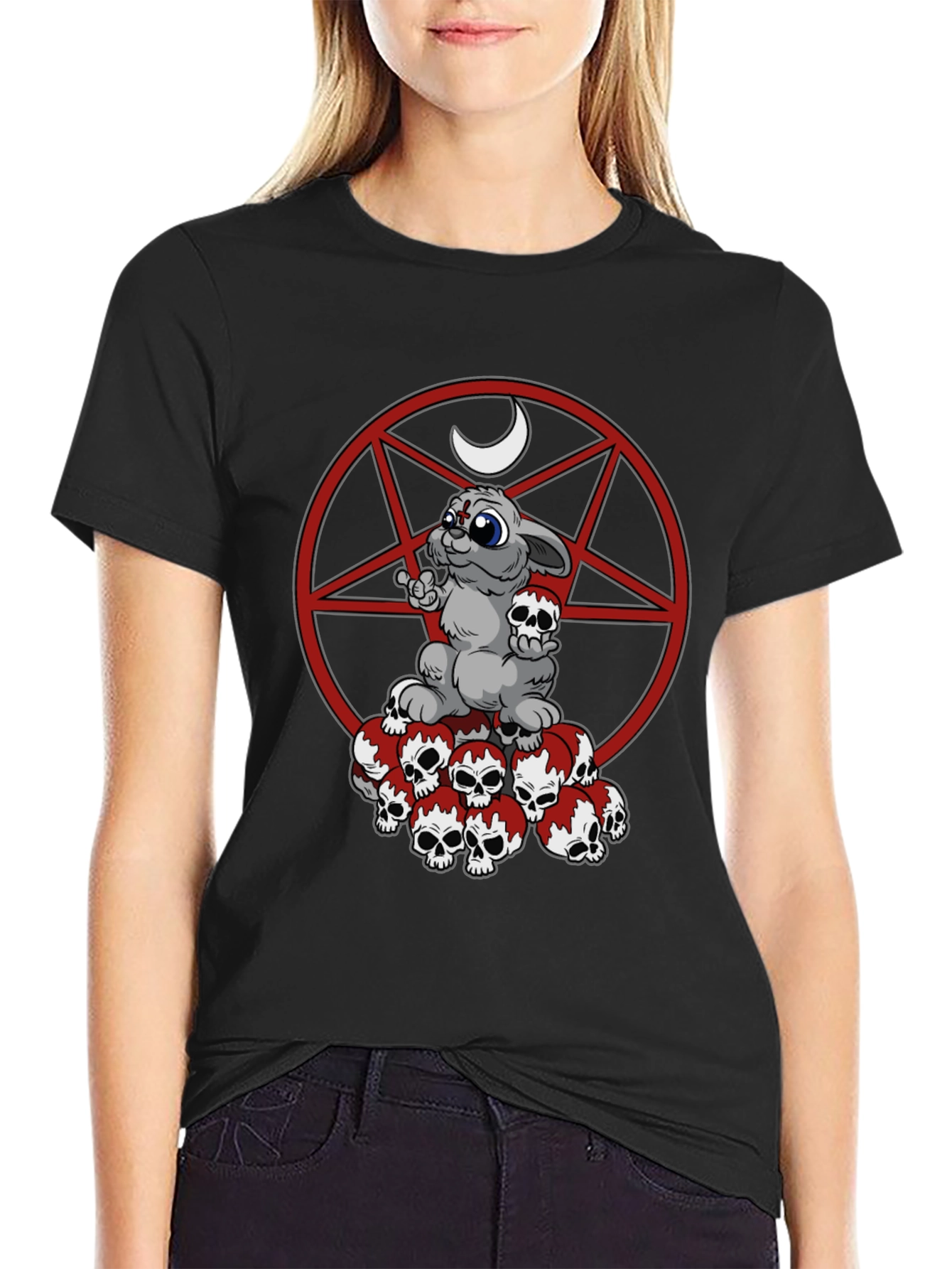 Gothic Bunny Skull Pile Tee - Dark Humor Style