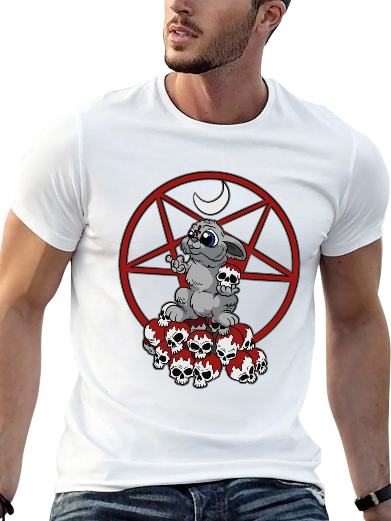 Gothic Bunny Skull Pile Tee - Dark Humor Style
