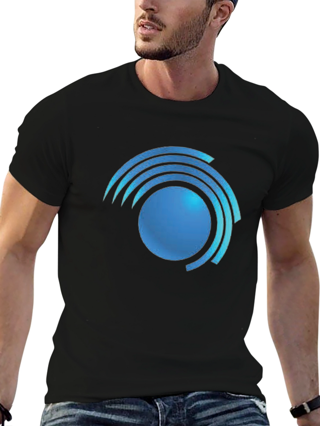 Modern Blue Swirl Graphic Black T-Shirt