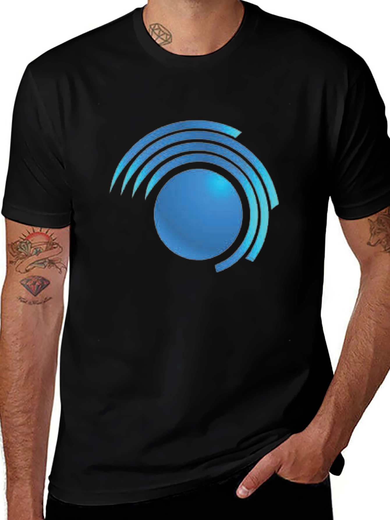 Modern Blue Swirl Graphic Black T-Shirt