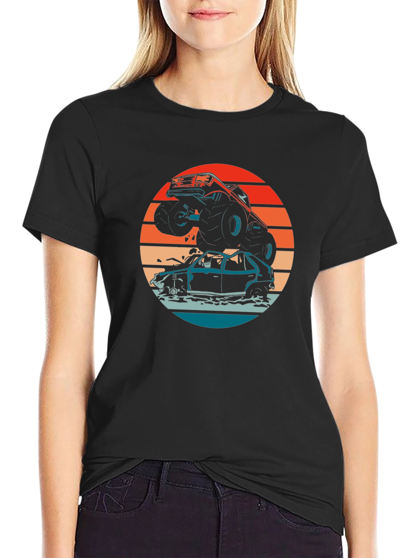 Monster Truck T-Shirt - Crushing Cars at Sunset