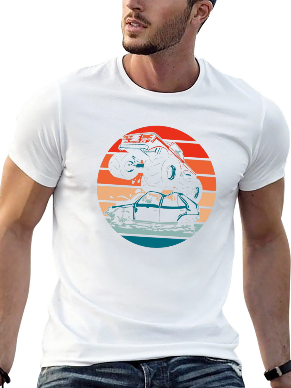 Monster Truck T-Shirt - Crushing Cars at Sunset