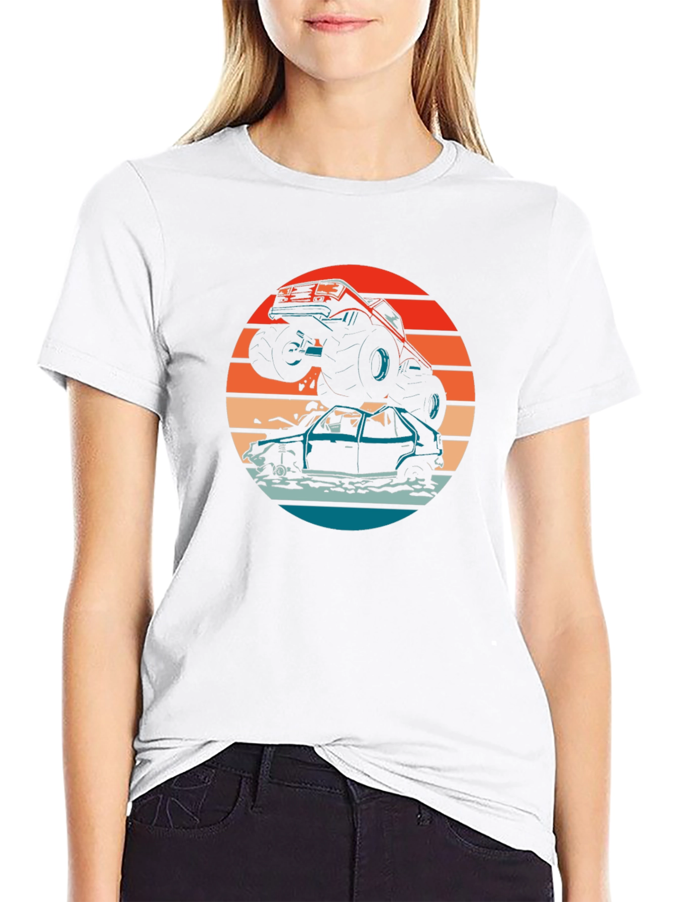 Monster Truck T-Shirt - Crushing Cars at Sunset