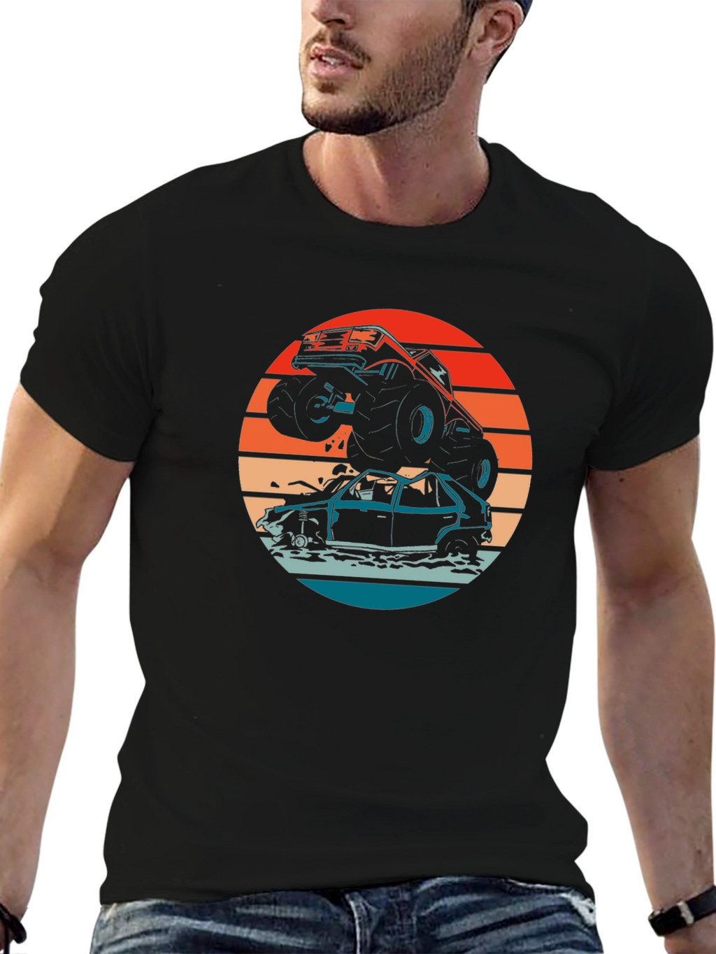 Monster Truck T-Shirt - Crushing Cars at Sunset