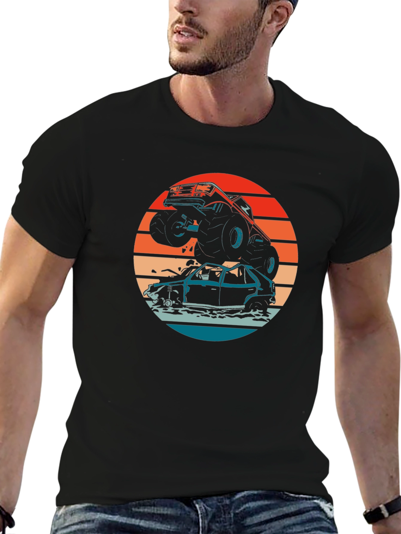 Monster Truck T-Shirt - Crushing Cars at Sunset