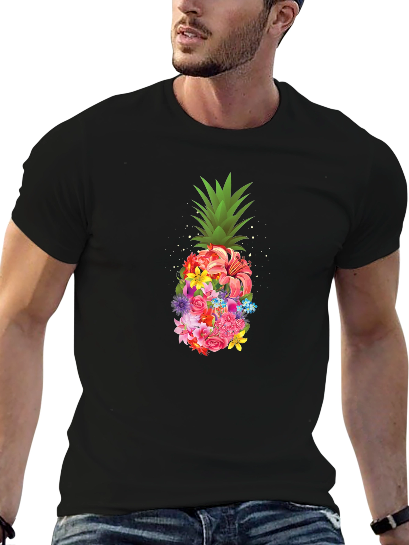 Floral Pineapple Graphic Tee - Black T-Shirt