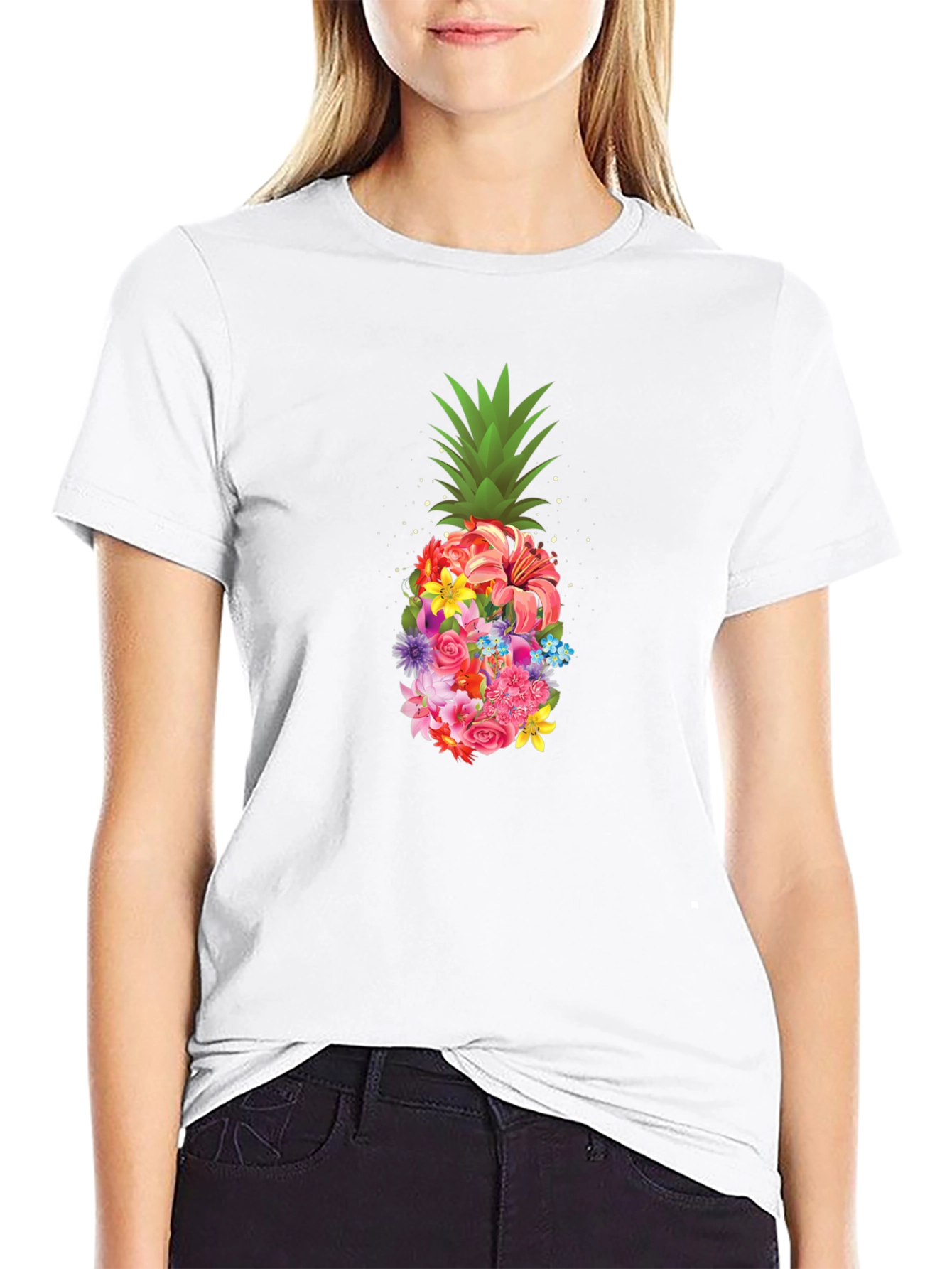Floral Pineapple Graphic Tee - Black T-Shirt