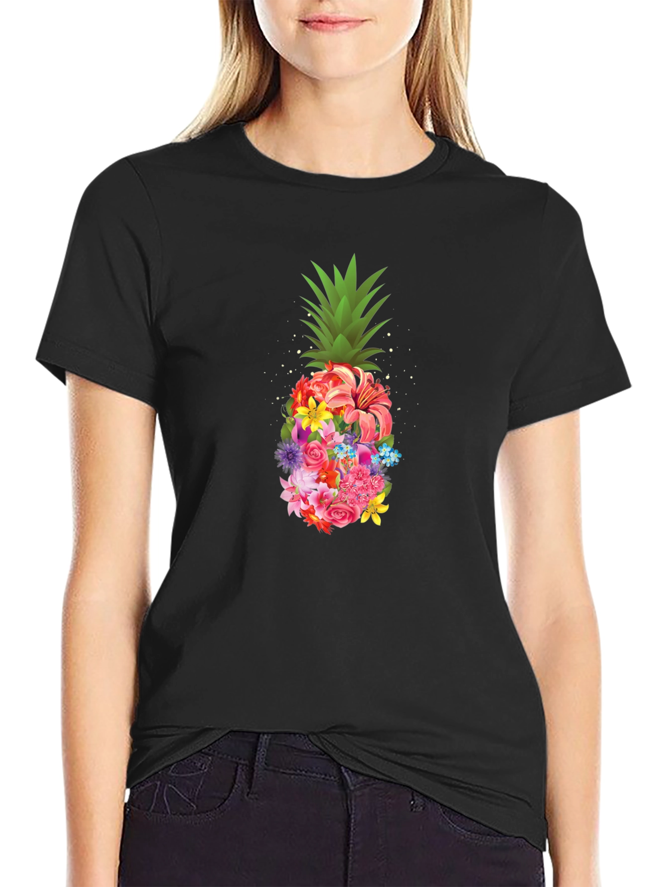 Floral Pineapple Graphic Tee - Black T-Shirt