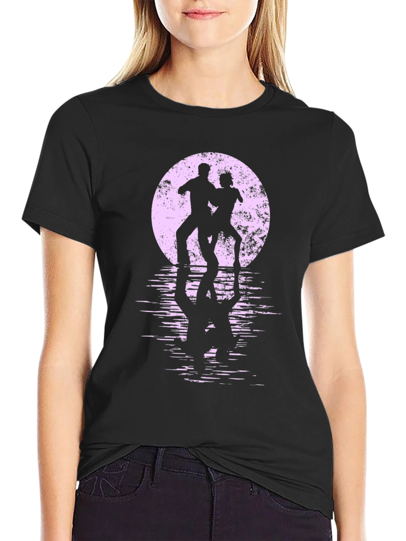 Silhouette Dancers T-Shirt - Retro Moon Reflection Design