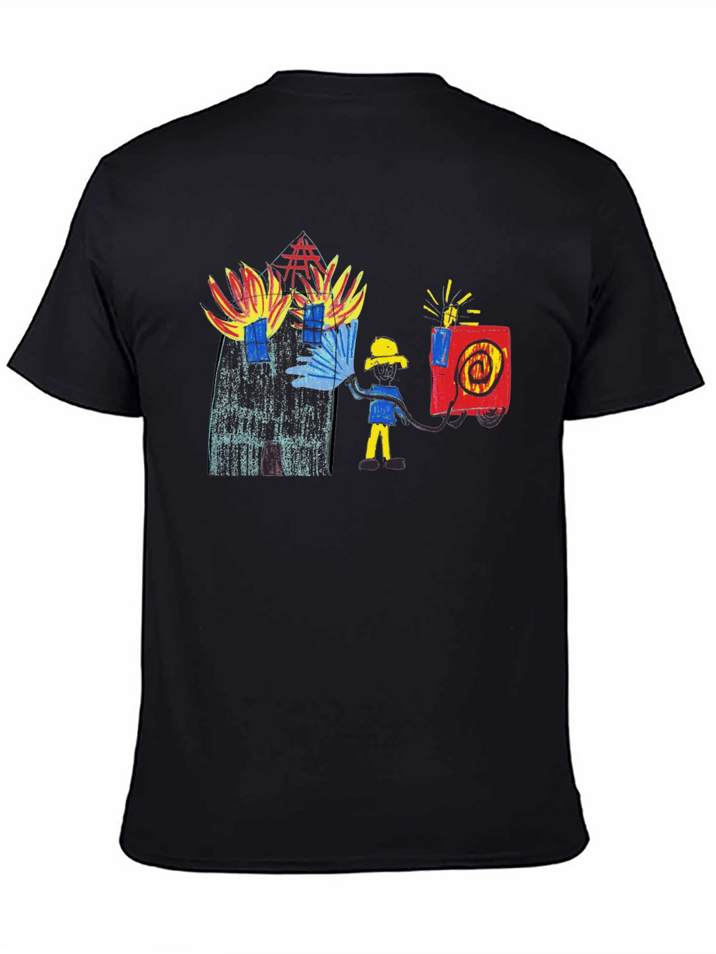 Fireman Drawing Graphic Black T-Shirt