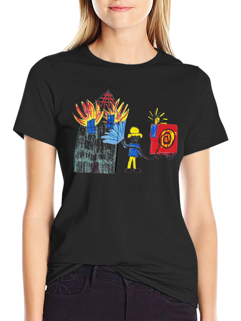 Fireman Drawing Graphic Black T-Shirt