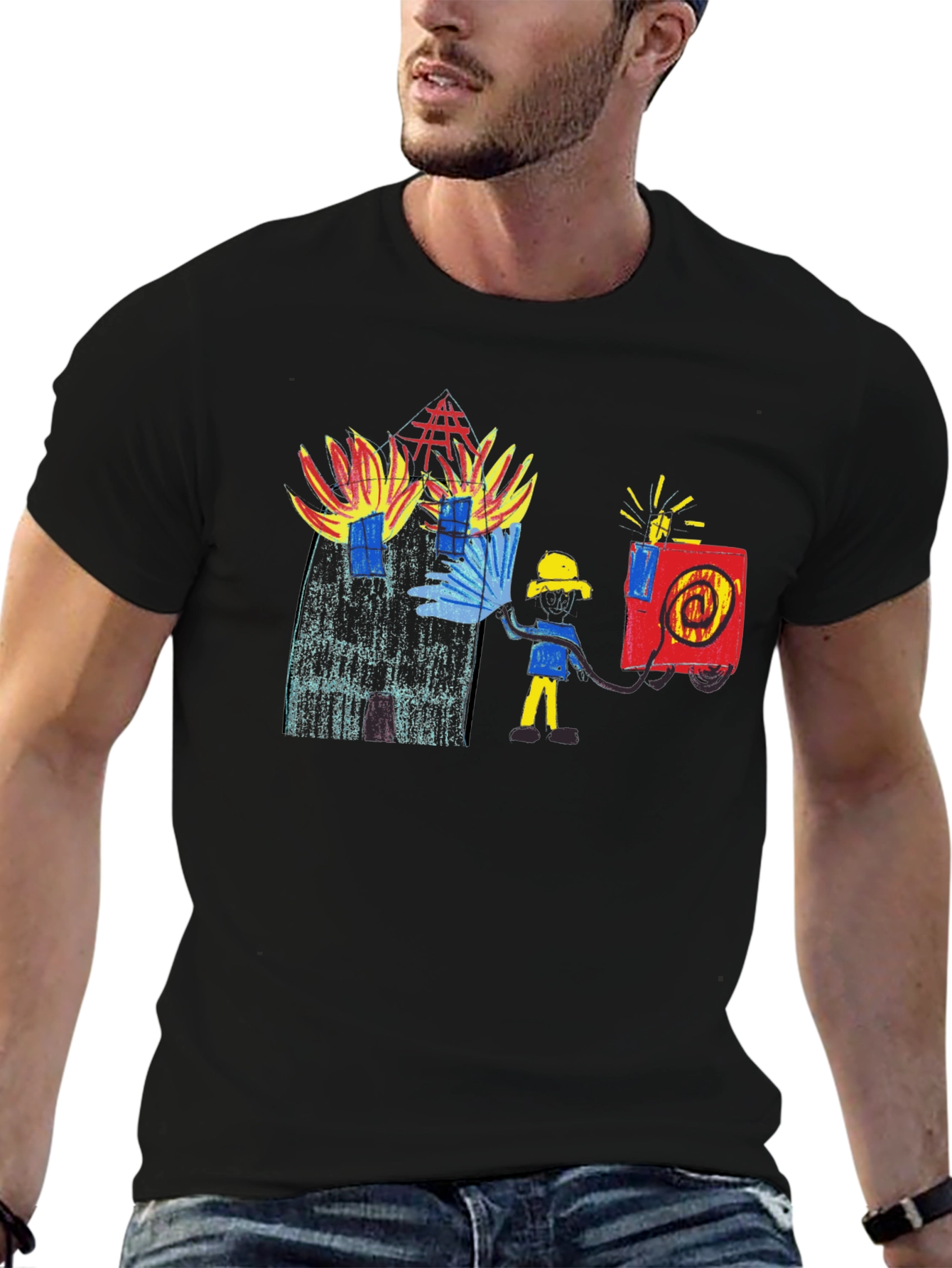 Fireman Drawing Graphic Black T-Shirt