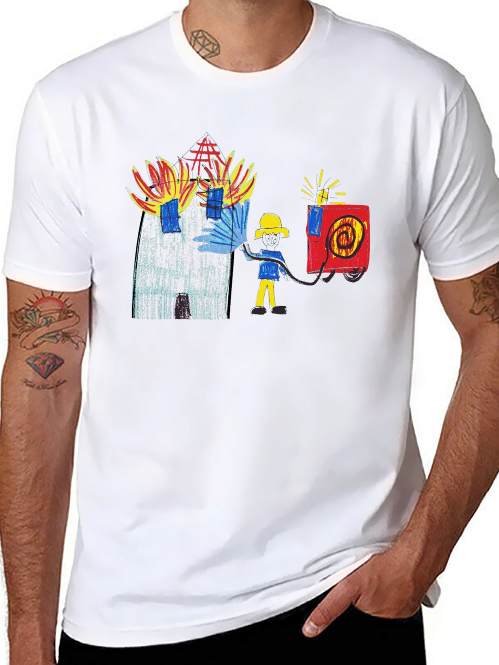 Fireman Drawing Graphic Black T-Shirt
