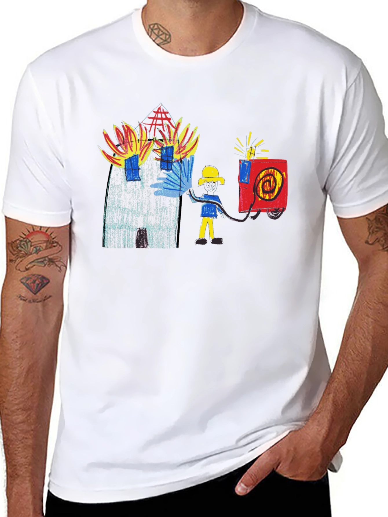 Fireman Drawing Graphic Black T-Shirt