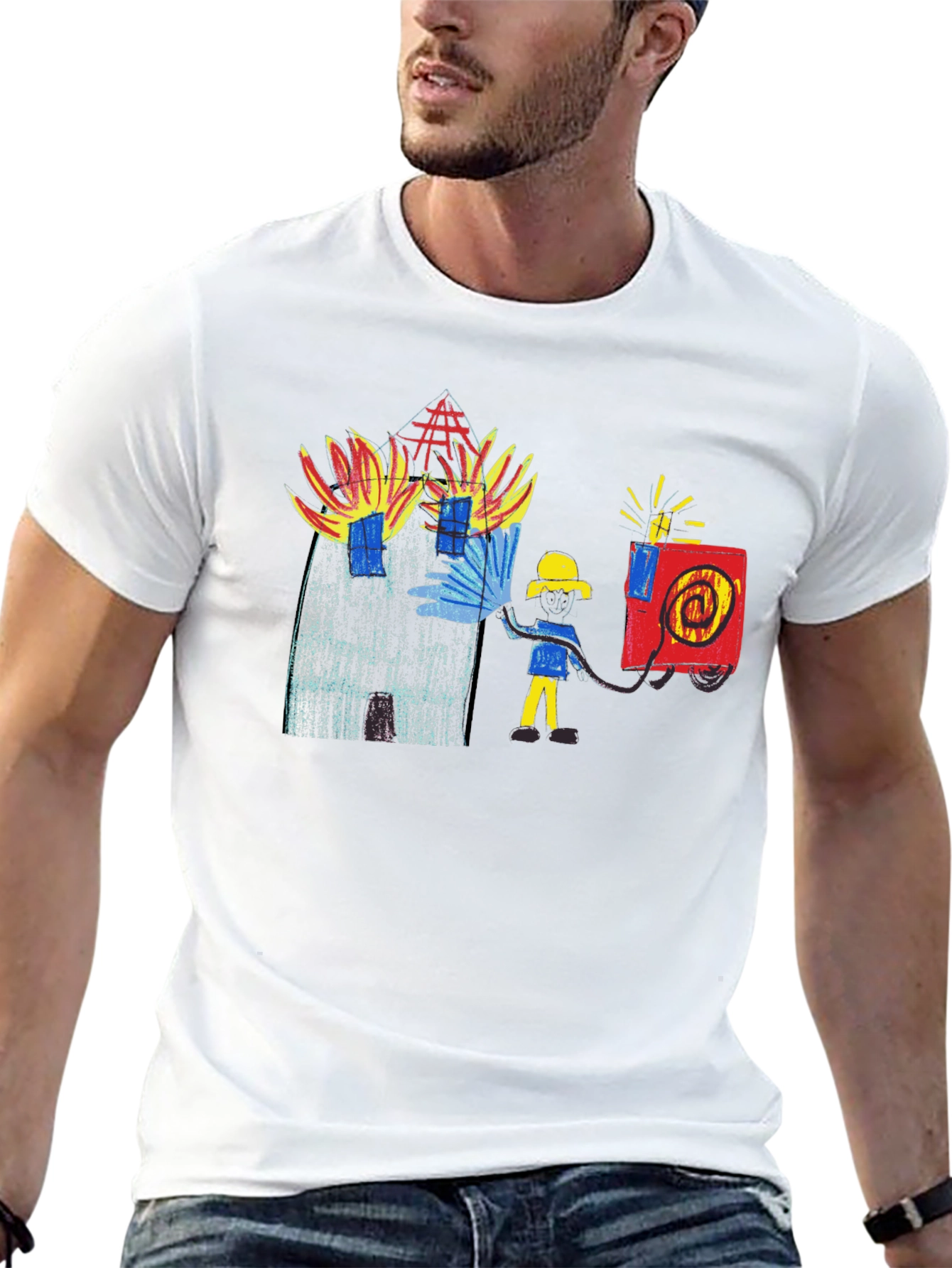 Fireman Drawing Graphic Black T-Shirt