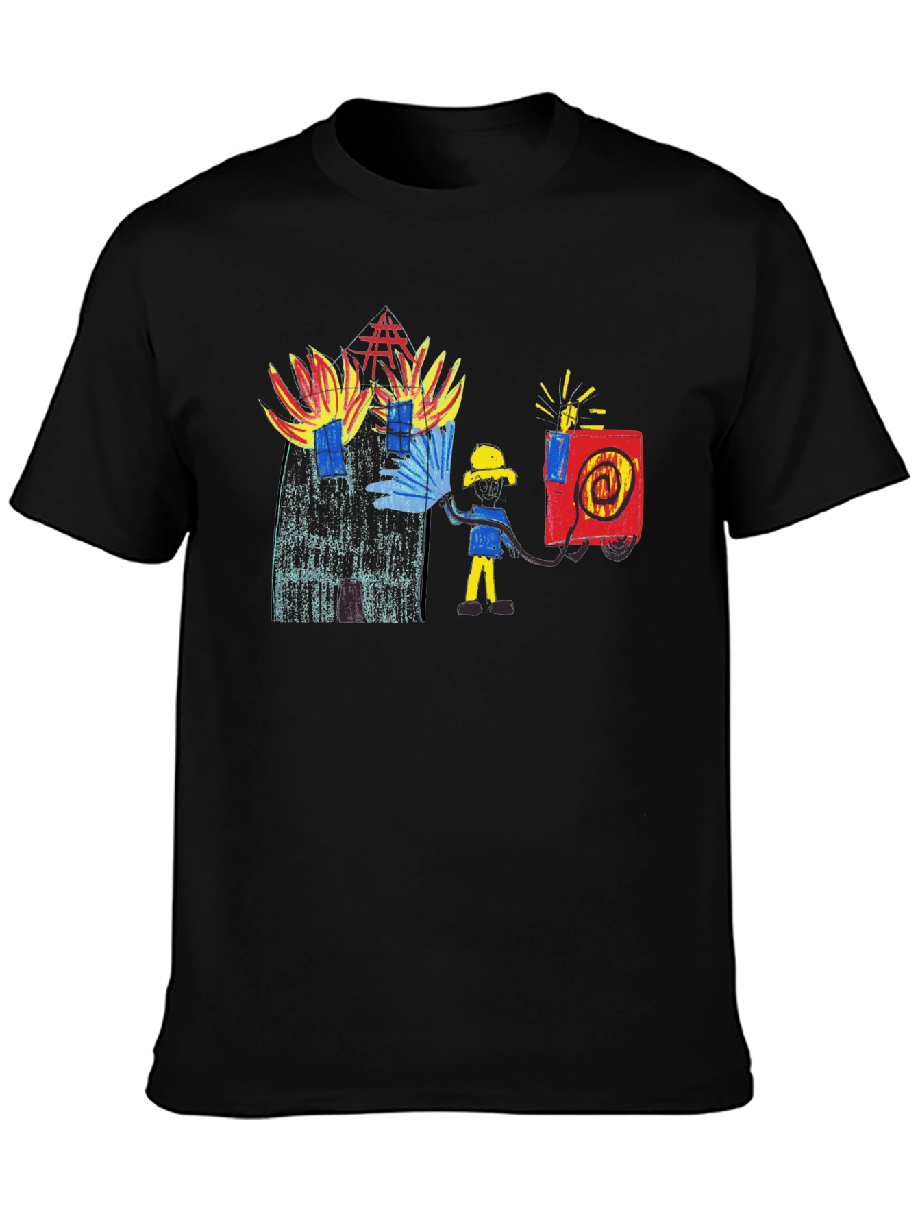 Fireman Drawing Graphic Black T-Shirt