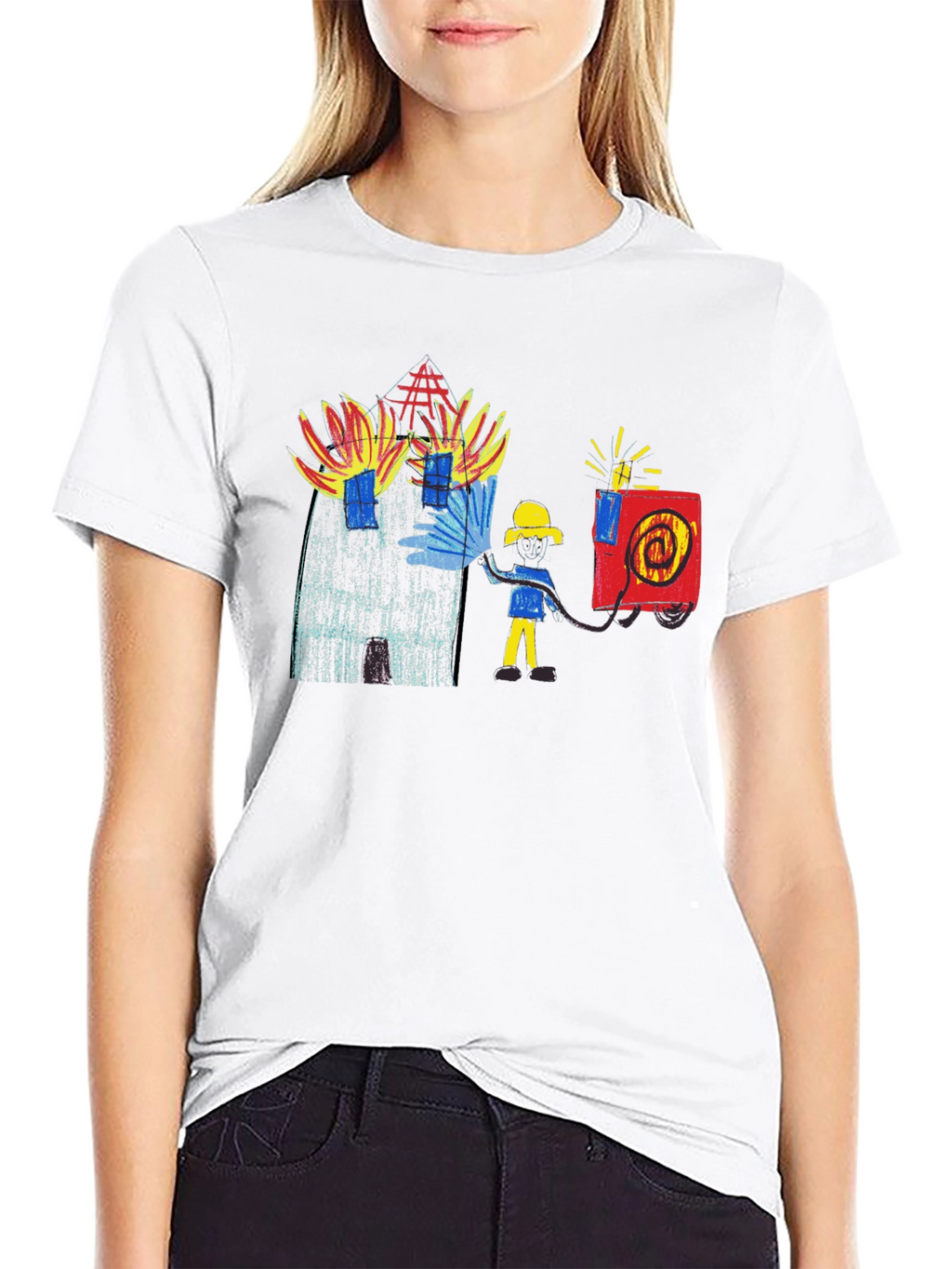 Fireman Drawing Graphic Black T-Shirt
