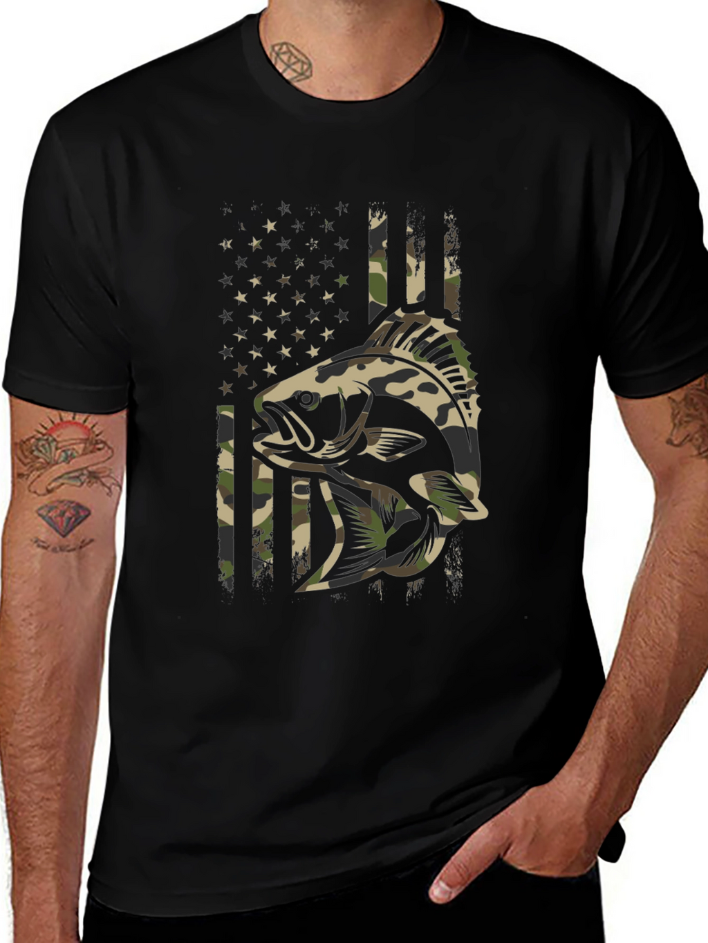 Camouflage Fish American Flag Graphic T-Shirt