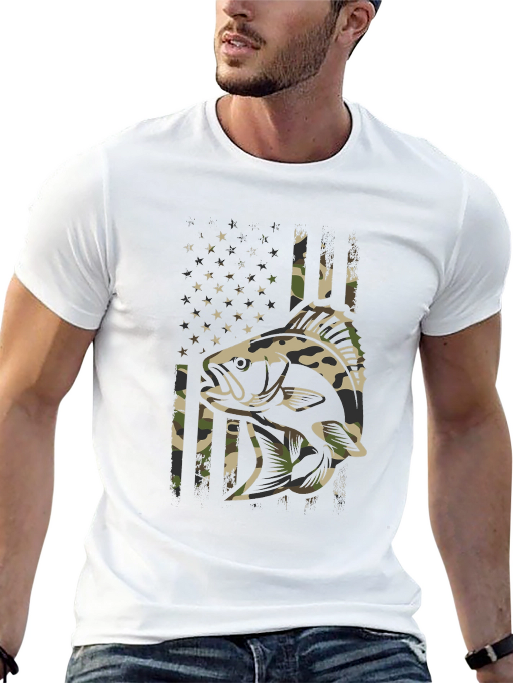 Camouflage Fish American Flag Graphic T-Shirt