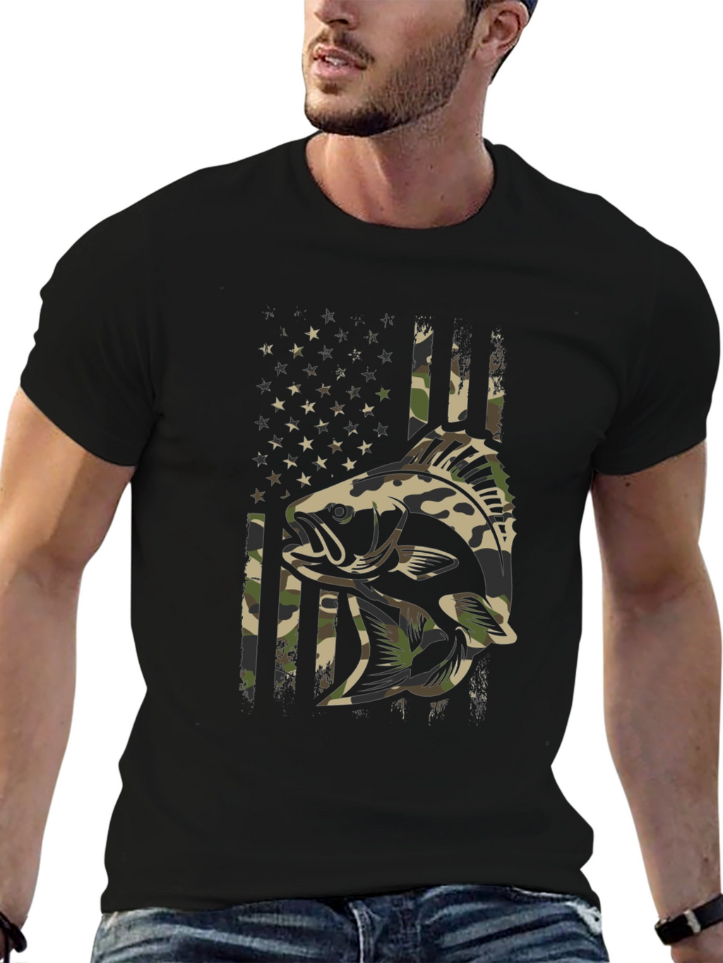 Camouflage Fish American Flag Graphic T-Shirt