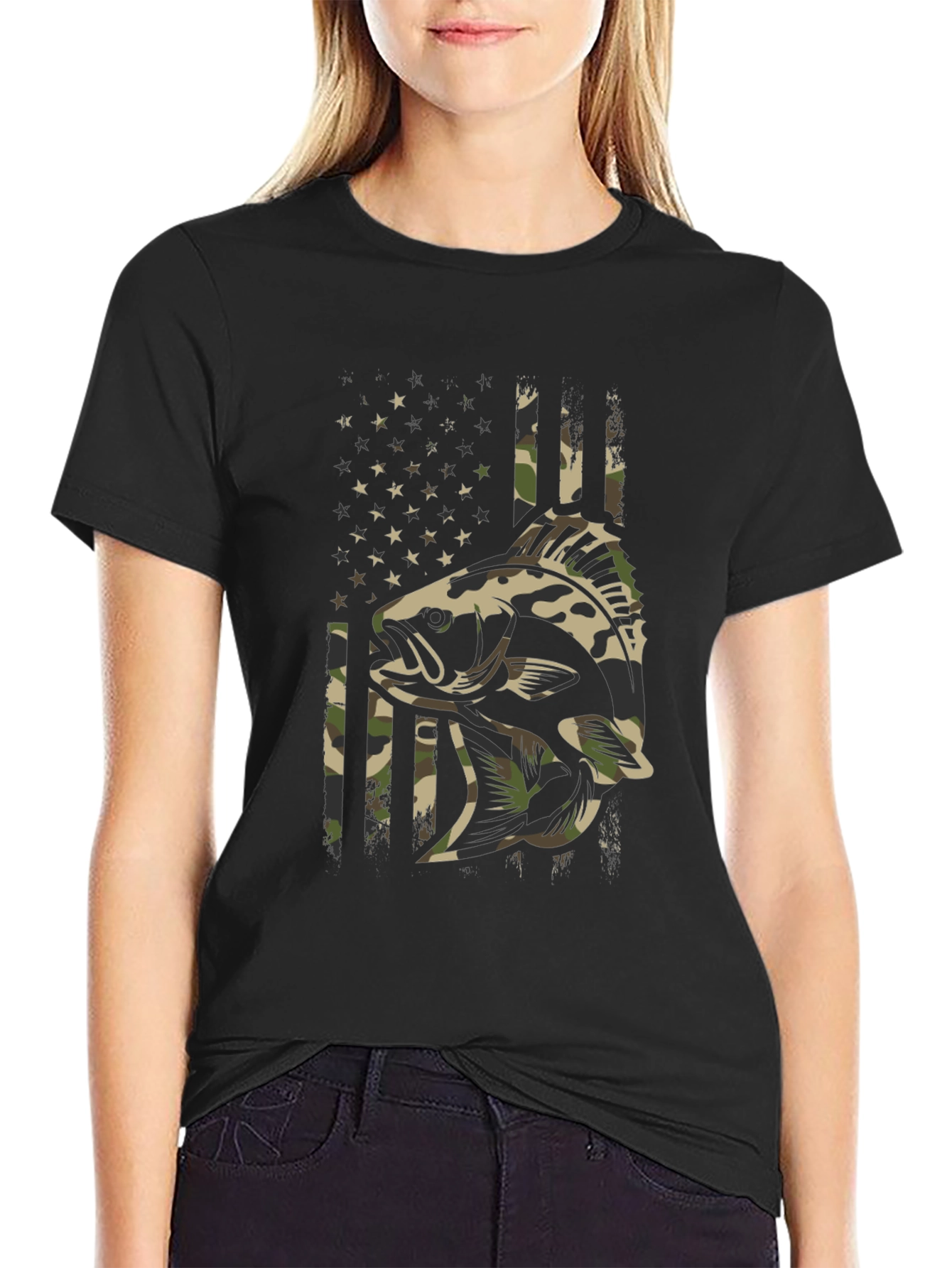 Camouflage Fish American Flag Graphic T-Shirt