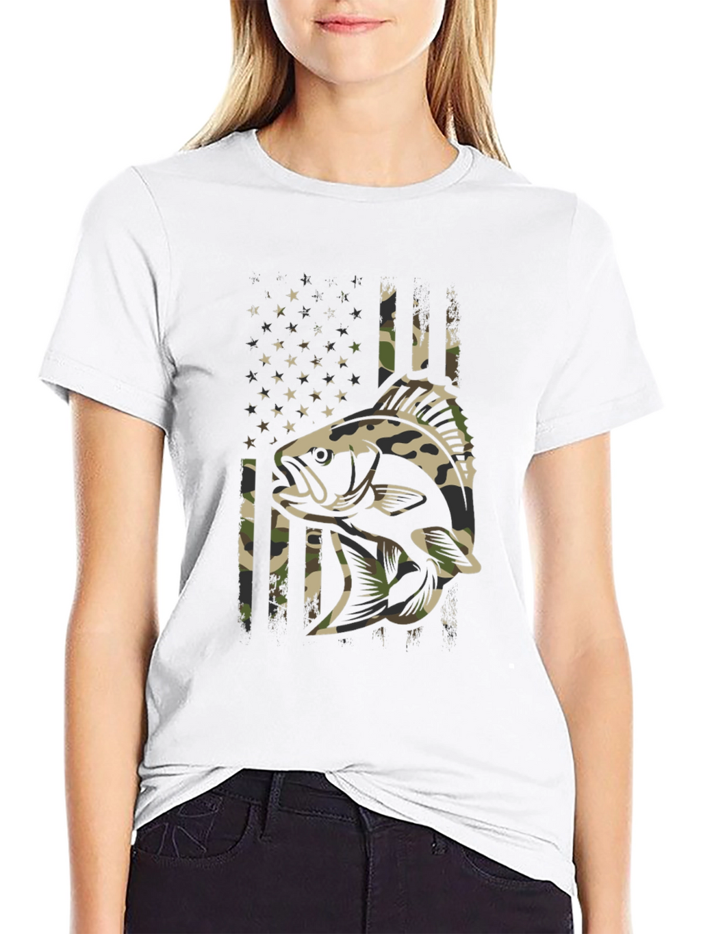 Camouflage Fish American Flag Graphic T-Shirt