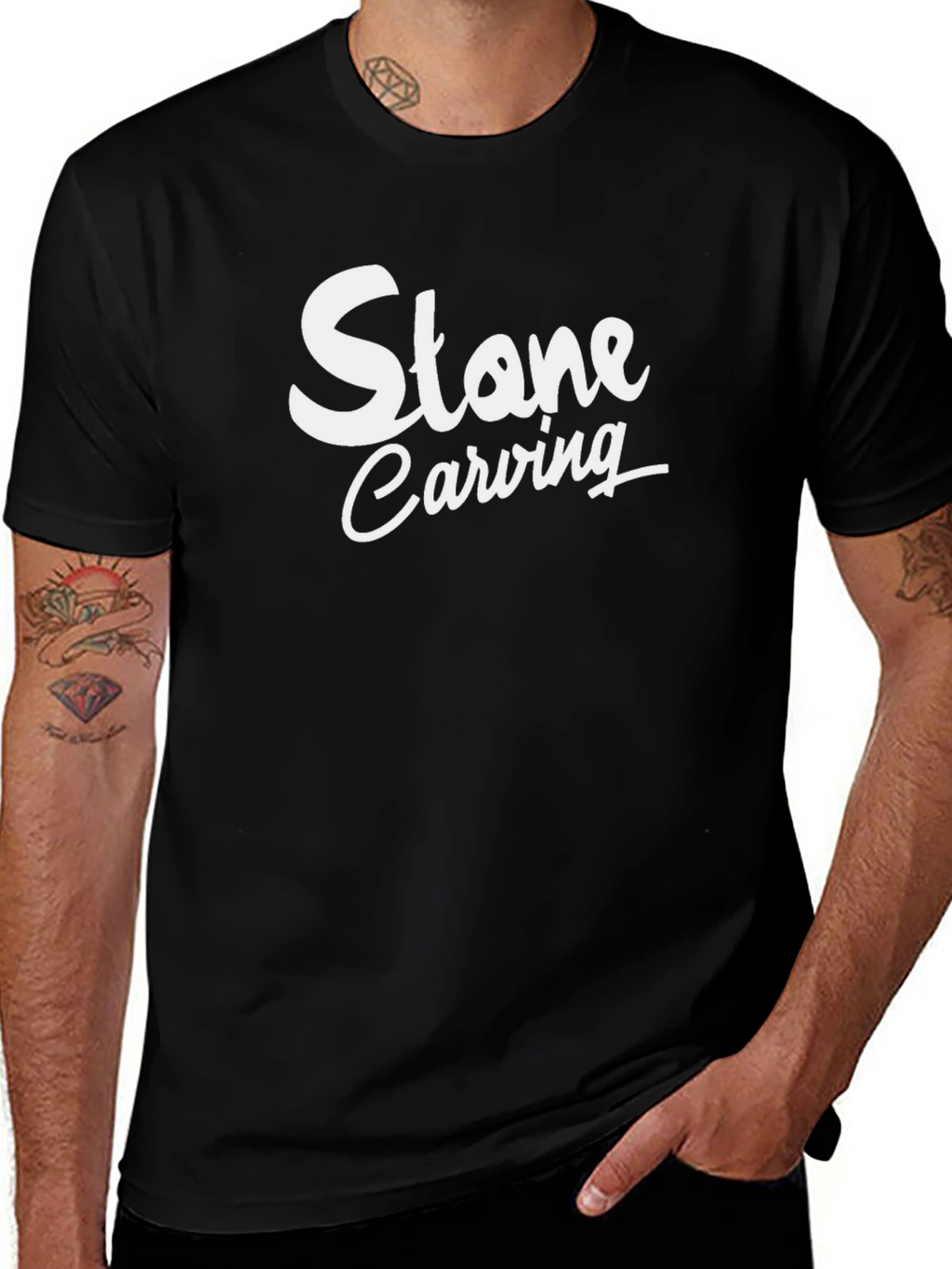Stone Carving Graphic Tee - Black Casual T-Shirt