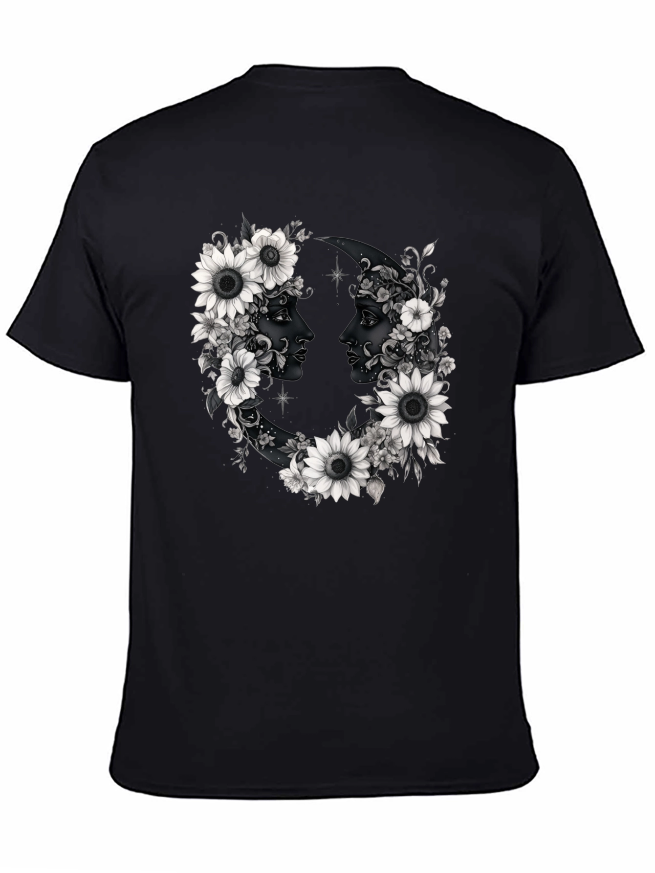 Floral Moon Faces Graphic Tee - Black