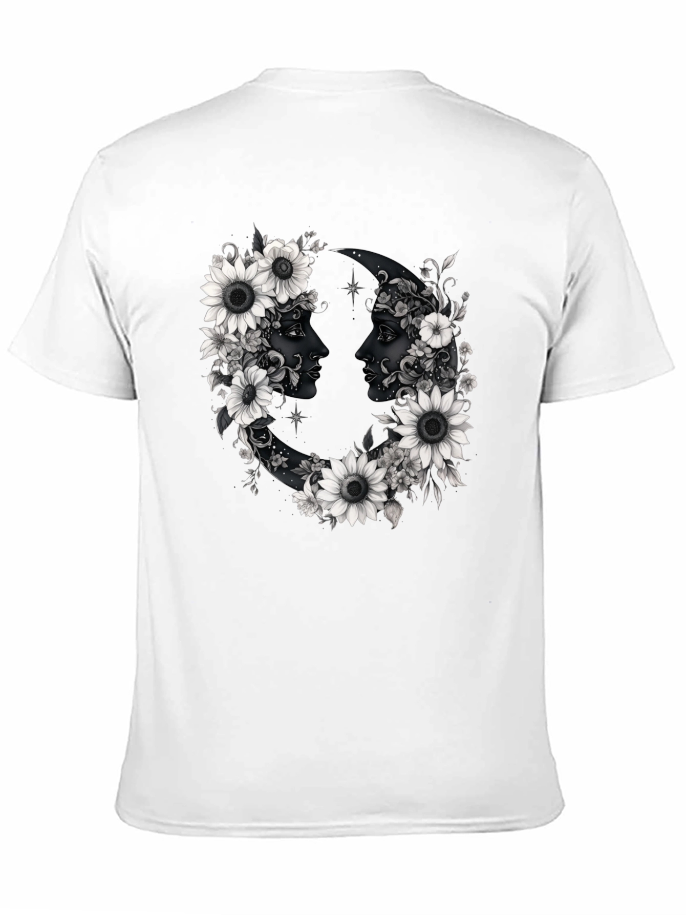 Floral Moon Faces Graphic Tee - Black