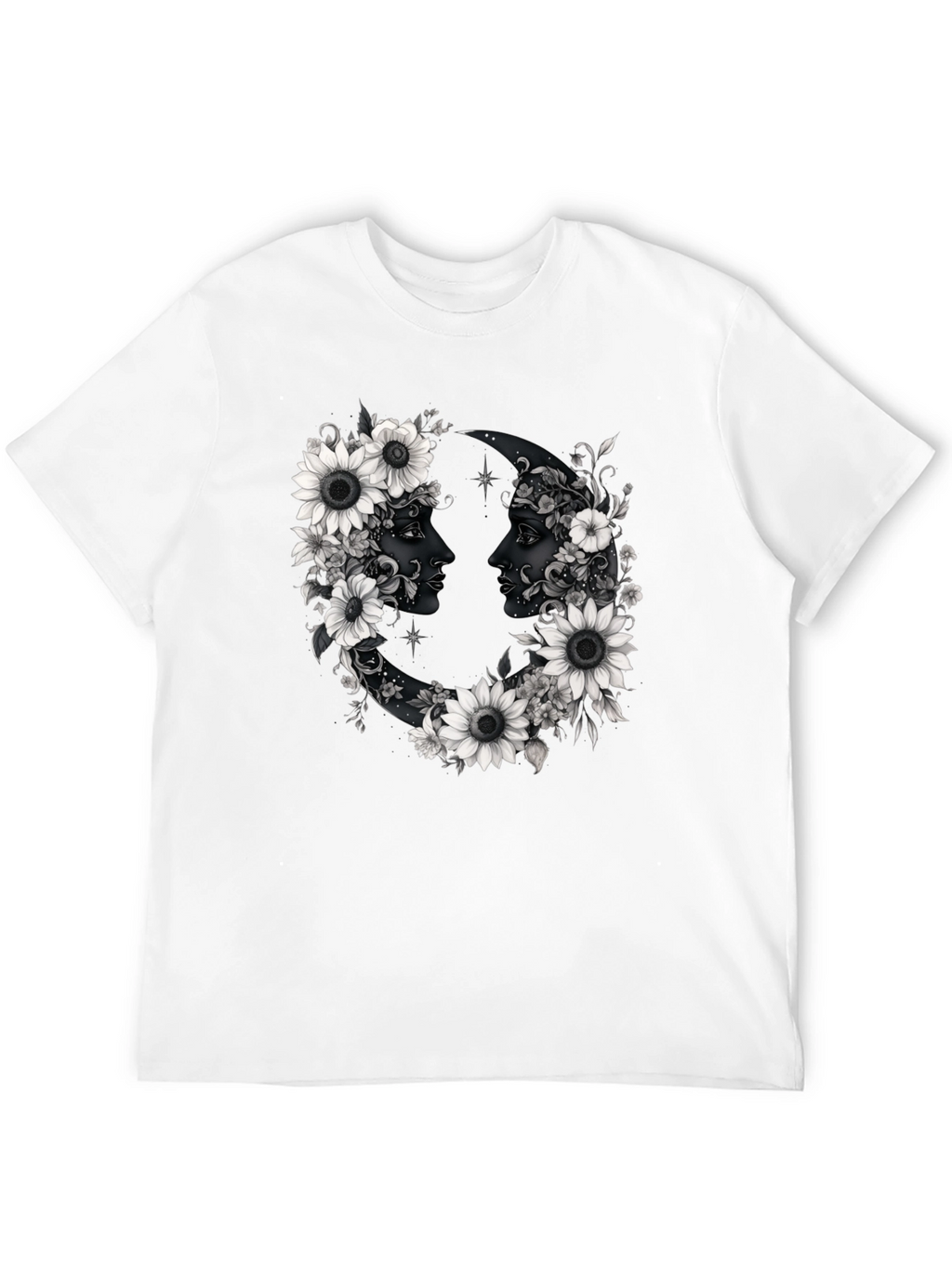 Floral Moon Faces Graphic Tee - Black