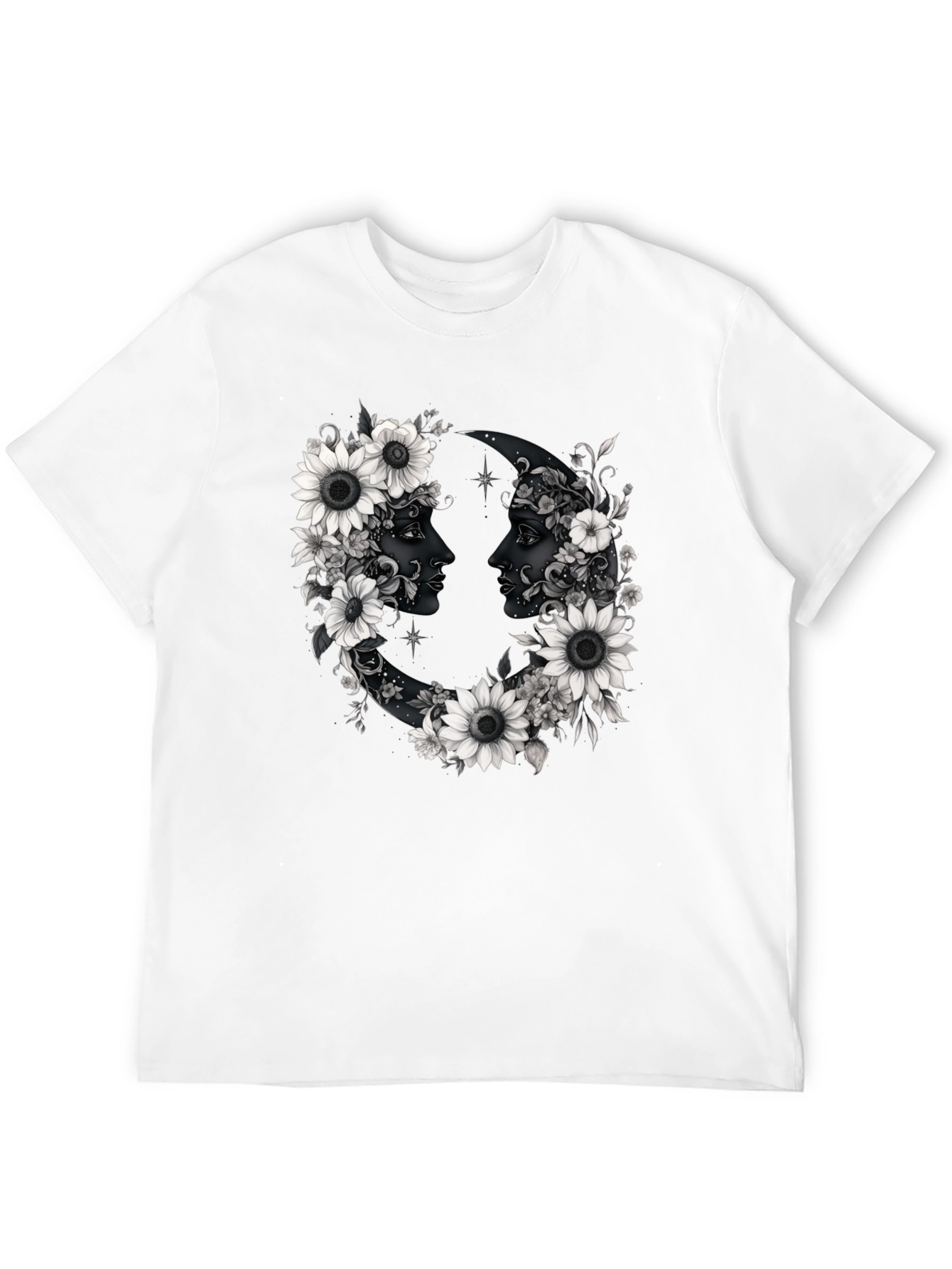 Floral Moon Faces Graphic Tee - Black