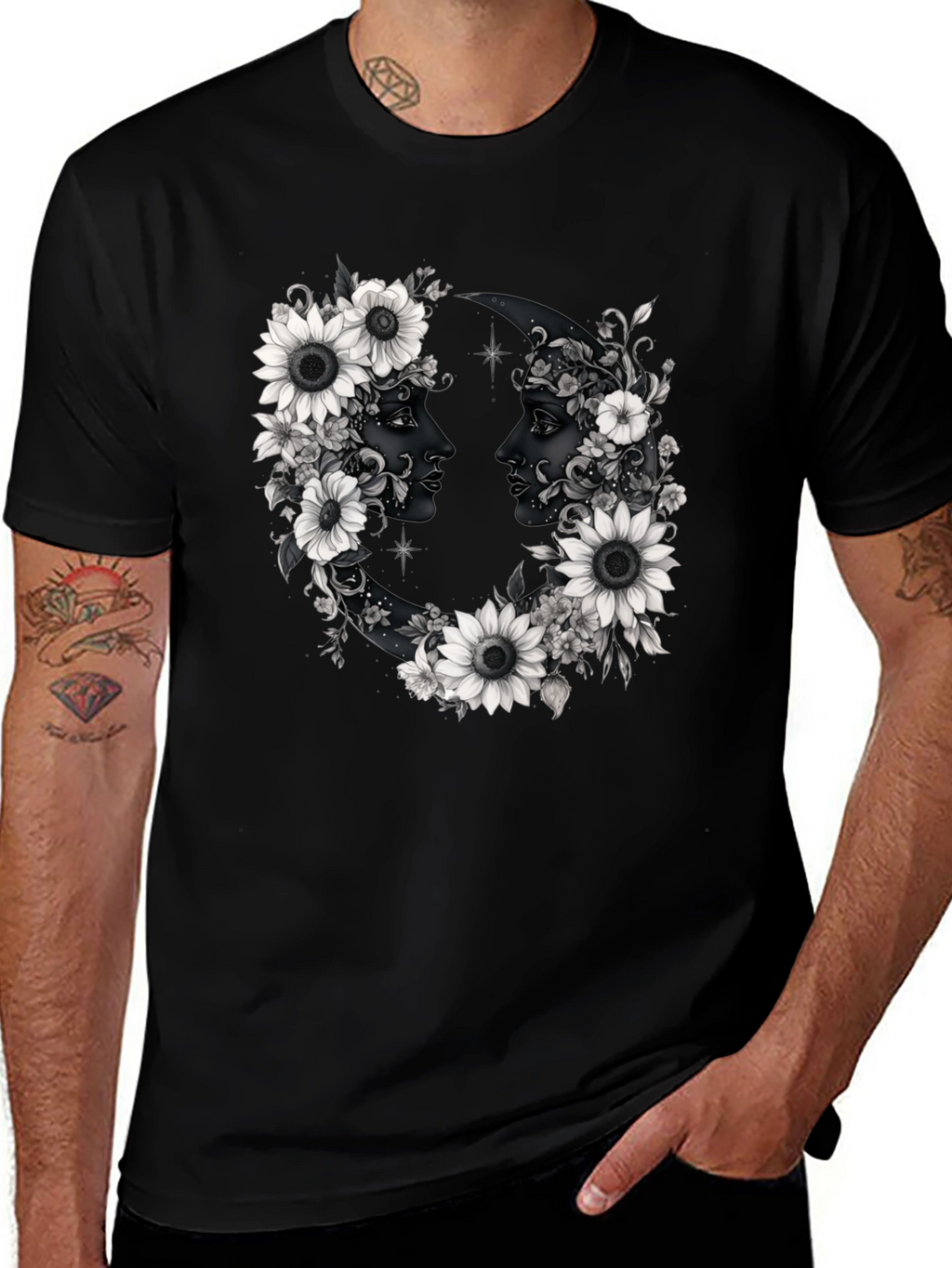 Floral Moon Faces Graphic Tee - Black