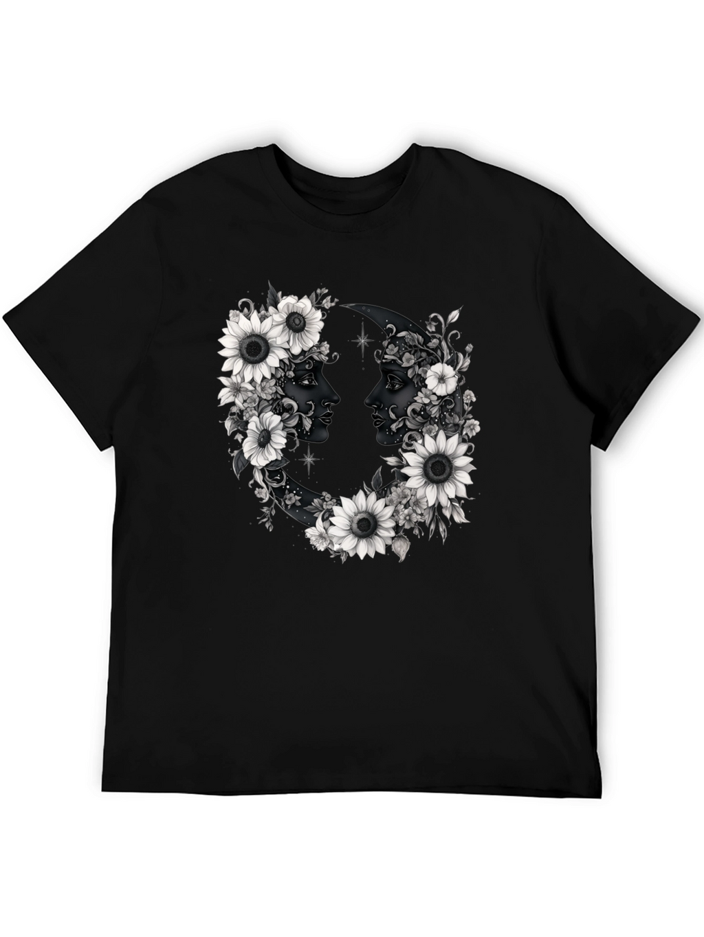 Floral Moon Faces Graphic Tee - Black