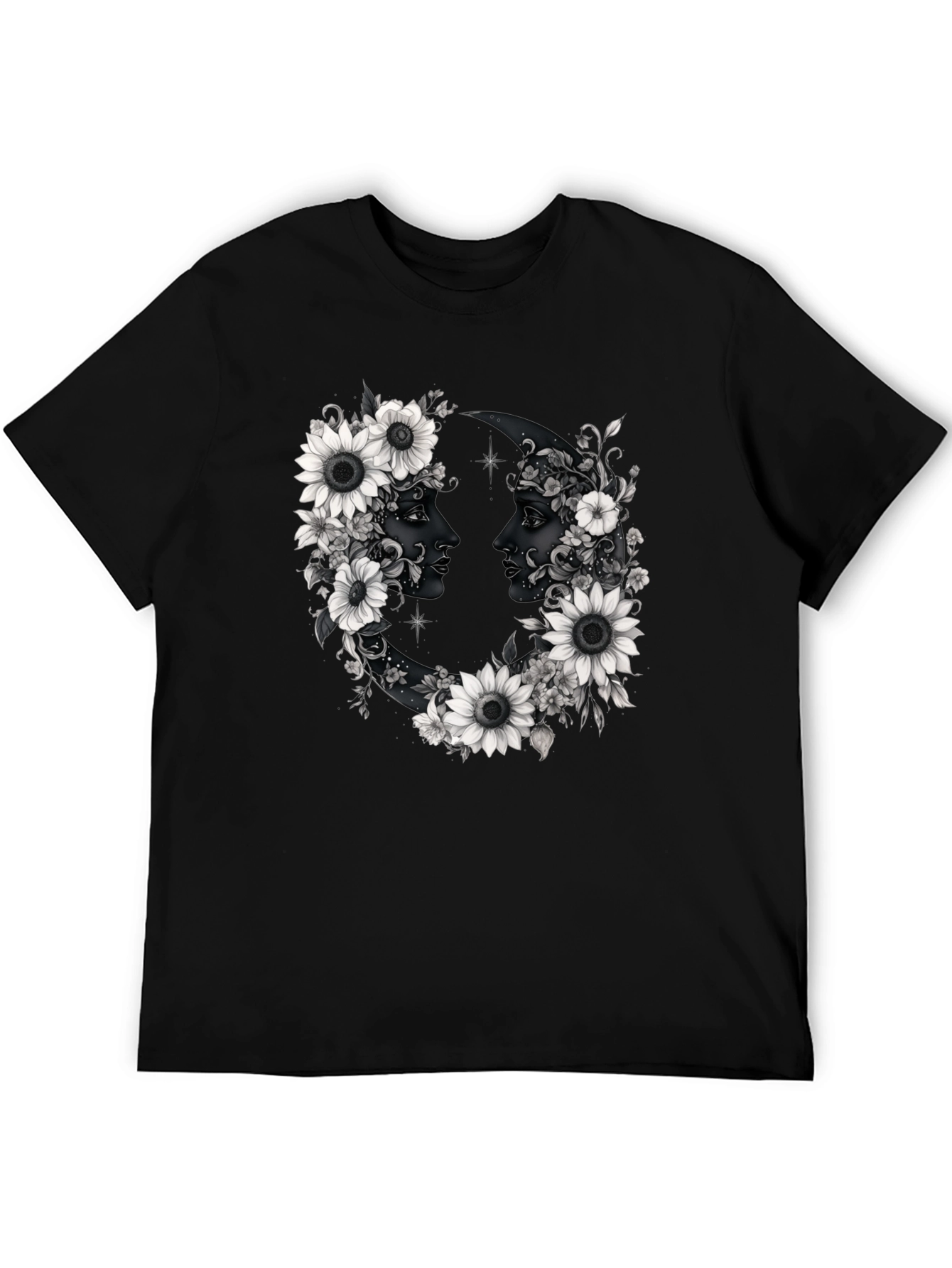 Floral Moon Faces Graphic Tee - Black