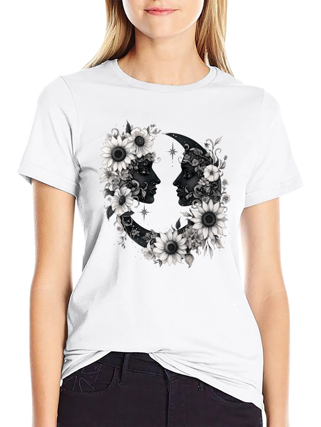 Floral Moon Faces Graphic Tee - Black