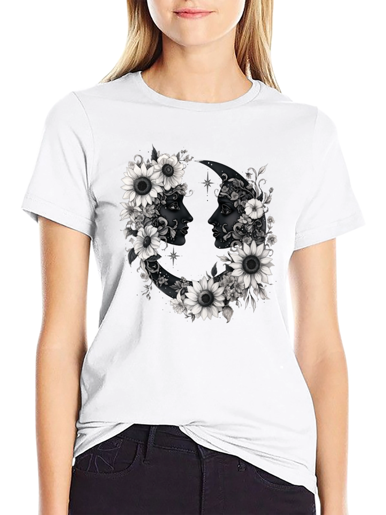 Floral Moon Faces Graphic Tee - Black
