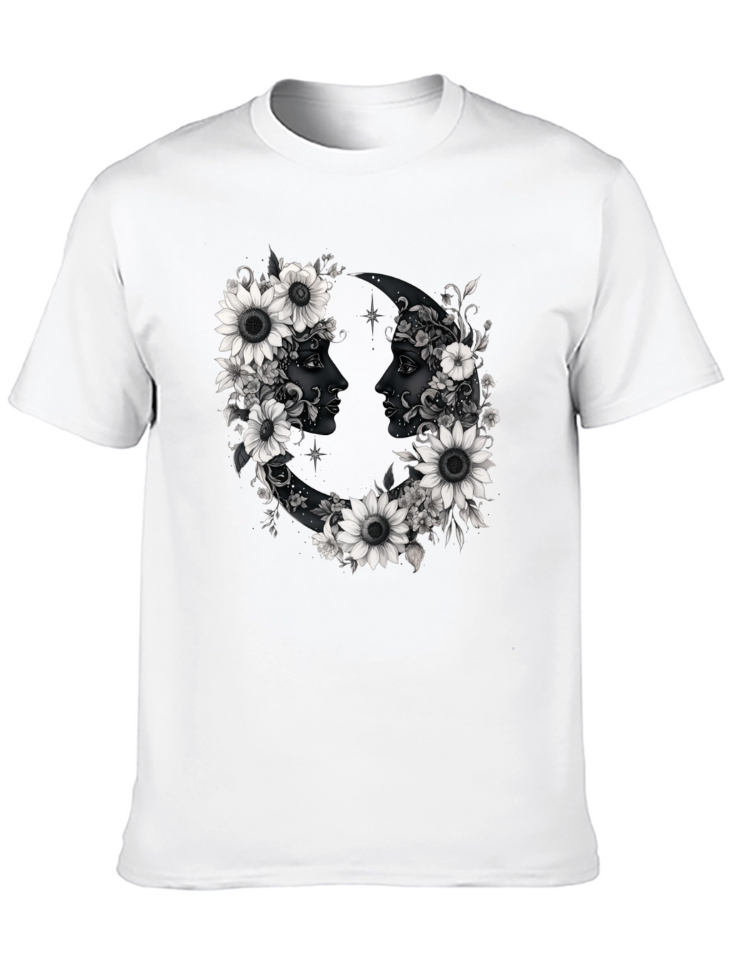 Floral Moon Faces Graphic Tee - Black