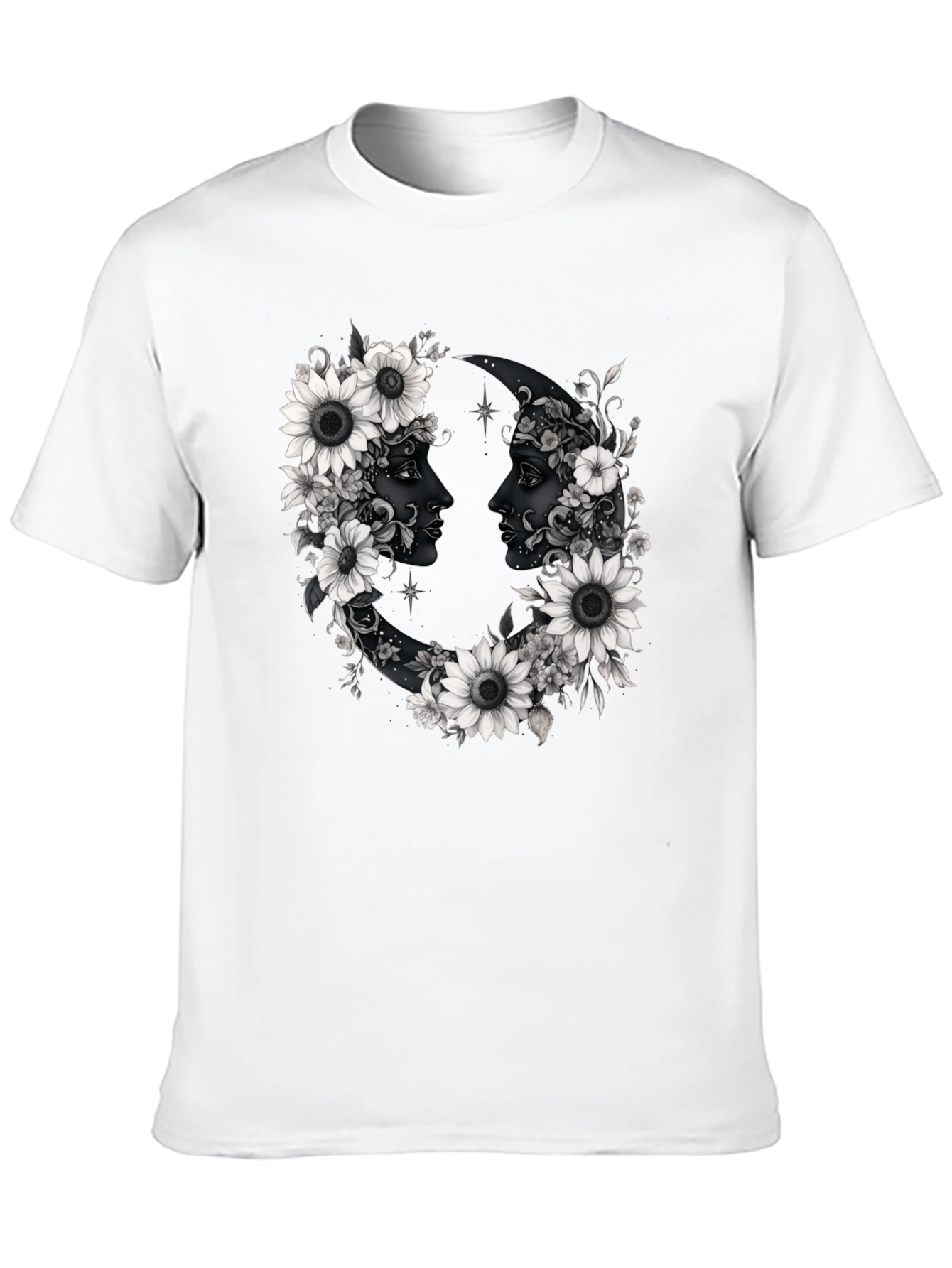 Floral Moon Faces Graphic Tee - Black